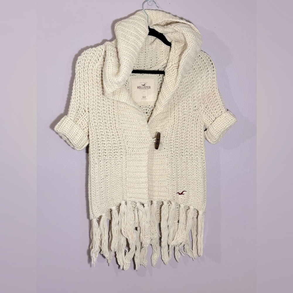 Hooded Crochet Knit Fringed Cardigan